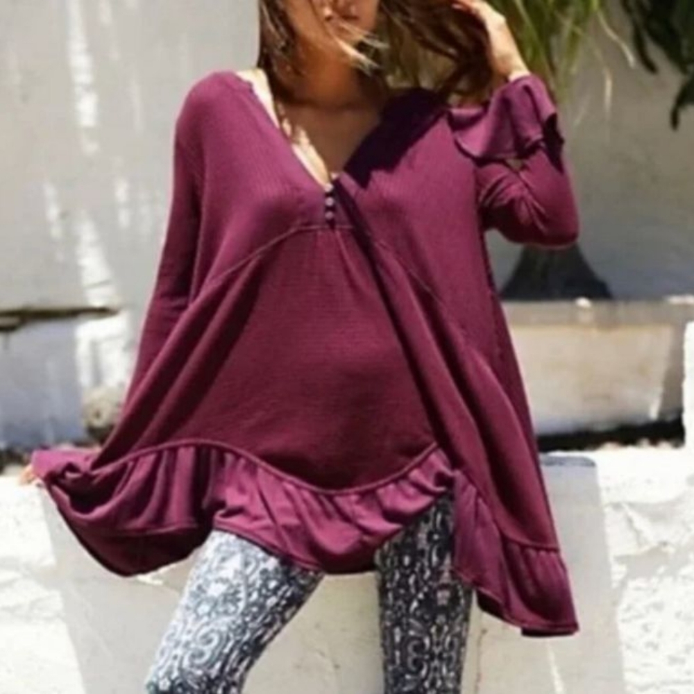 Free People Olivia Henley Oversized Ruffled Tunic Top Bell Sleeve Size S Boho